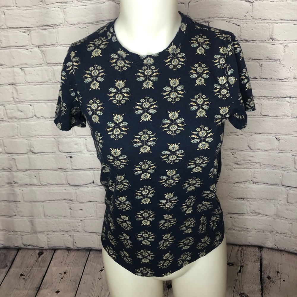 Lucky brand navy blue floral crew neck tee shirt size XS